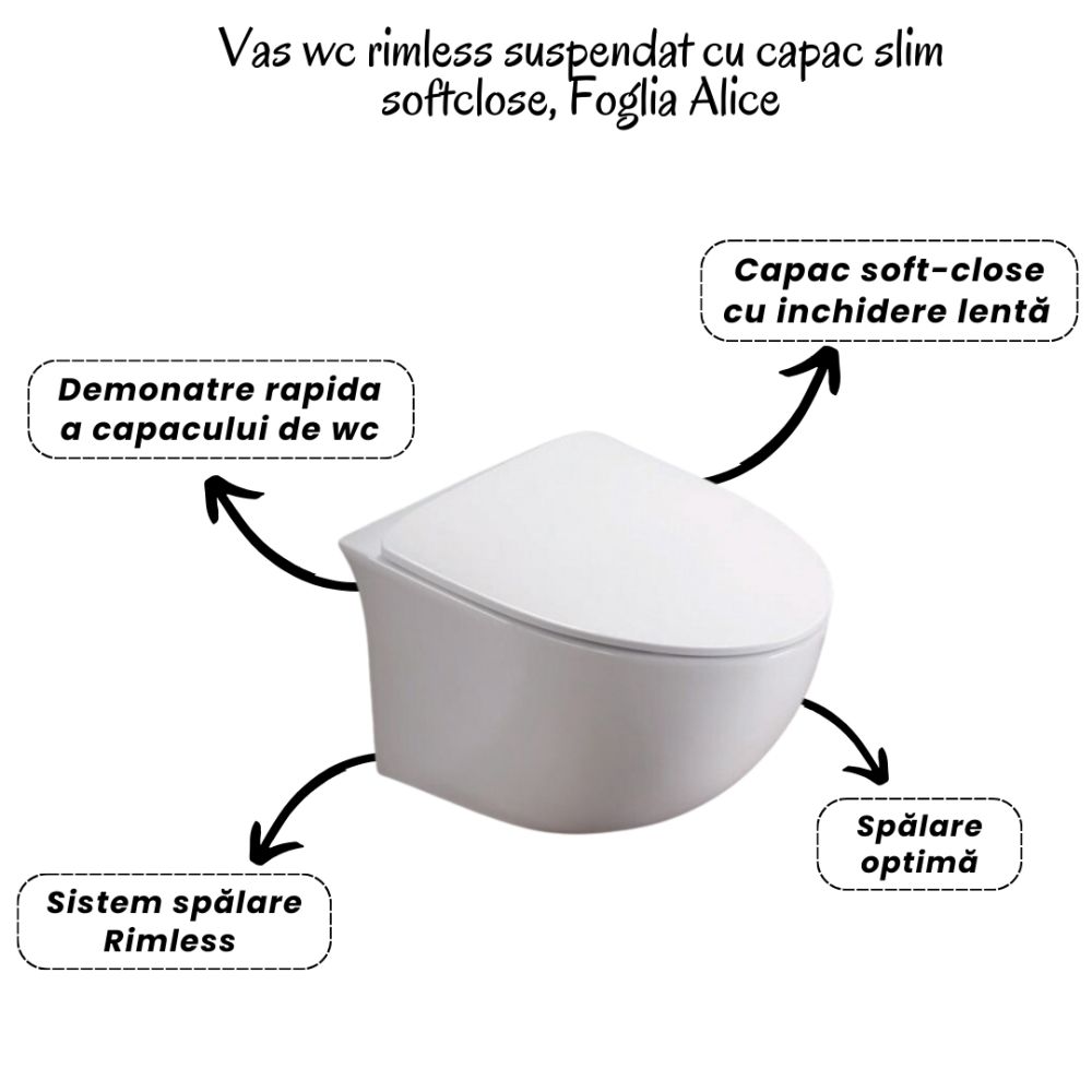 Set vas wc suspendat rimless cu capac soft close Foglia Alice, rezervor incastrat si clapeta alb lucios, Alcaplast [3]