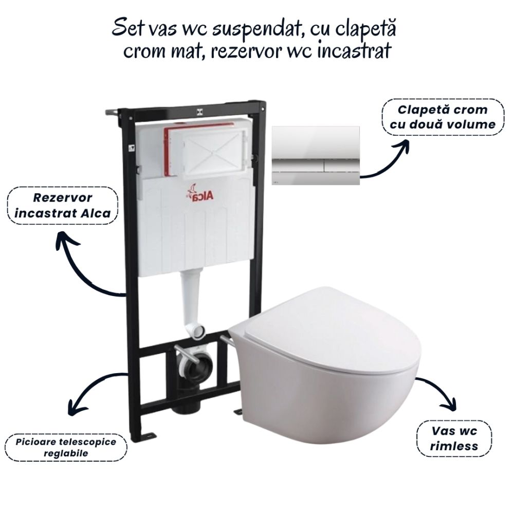 Set vas wc suspendat rimless cu capac soft close Alice, rezervor incastrat si clapeta crom mat Alcaplast [2]