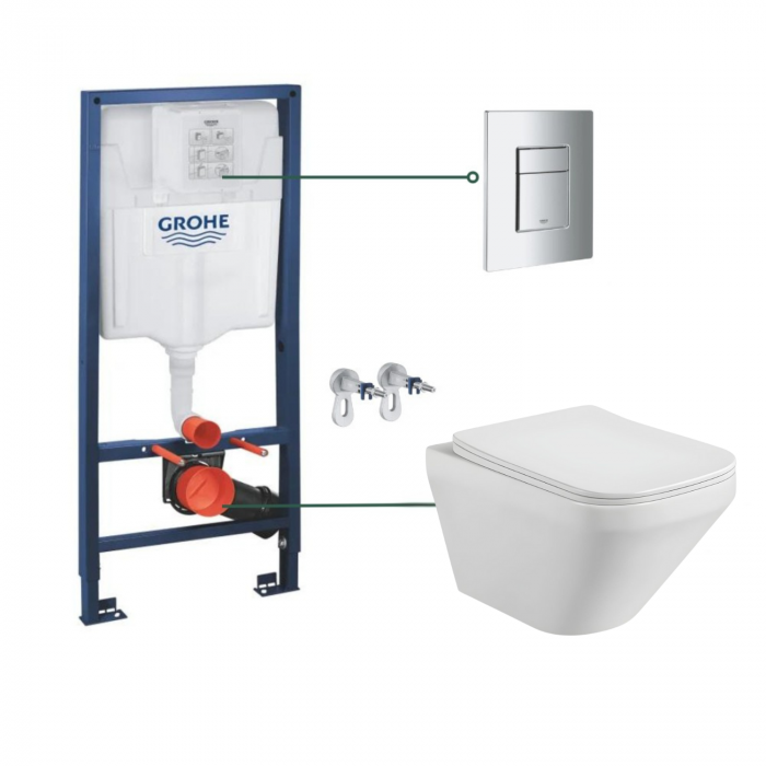 Set vas wc suspendat rimless cu capac soft close Bristol si set rezervor wc incastrat Grohe Rapid SL cu set fixare si clapeta crom Skate Cosmopolitan Grohe