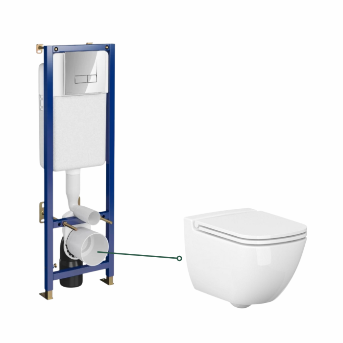 Set vas wc suspendat rimless cu capac Soft Close Caspia New, rezervor incastrat, clapeta actionare dubla Tech Line Base Smart crom lucios, Cersanit