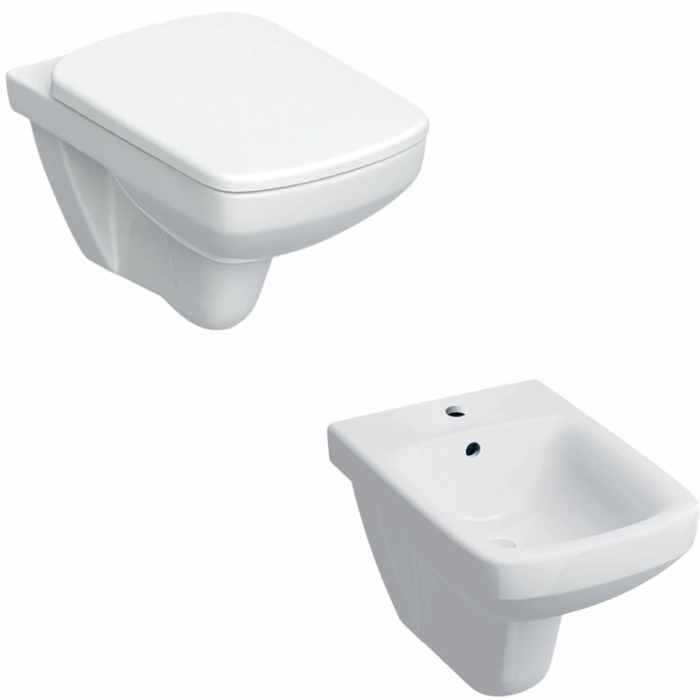 Set vas wc suspendat rimless cu capac soft close din duroplast si bideu cu preaplin, Geberit Selnova Square