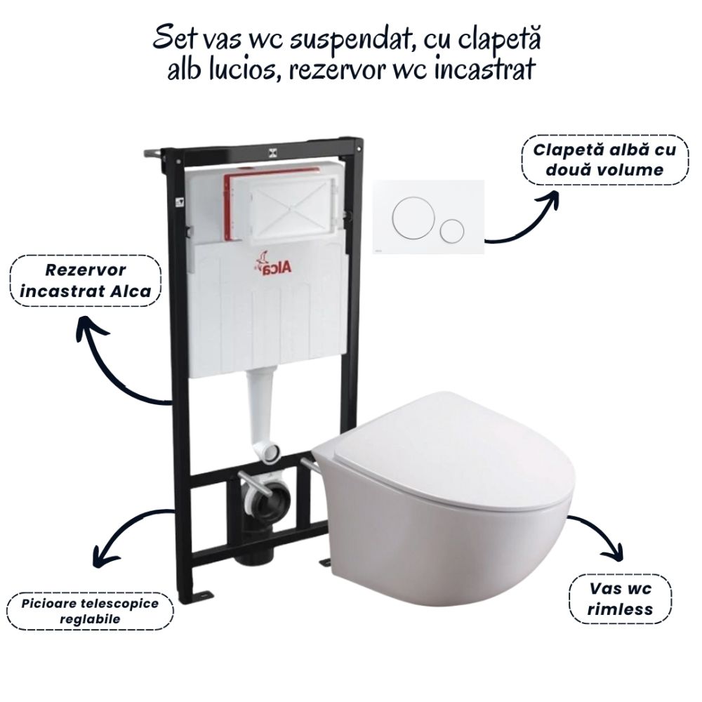 Set vas wc suspendat rimless cu capac soft close Foglia Alice, rezervor incastrat si clapeta alb lucios Alcaplast [2]