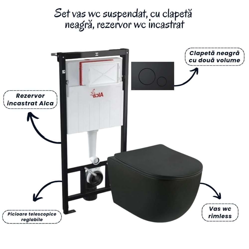 Set vas wc suspendat rimless cu capac soft close Oslo, rezervor incastrat si clapeta negru mat Alcaplast [2]