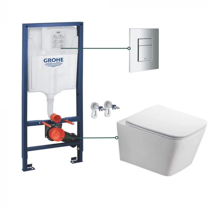 Set vas wc suspendat rimless cu capac soft close Safari si set rezervor wc incastrat Grohe Rapid SL cu set fixare si clapeta crom Skate Cosmopolitan Grohe