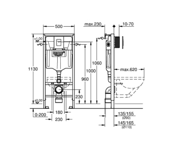Set vas wc suspendat rimless cu capac soft close Bristol si set rezervor wc incastrat Grohe Rapid SL cu set fixare si clapeta crom Skate Cosmopolitan Grohe [4]