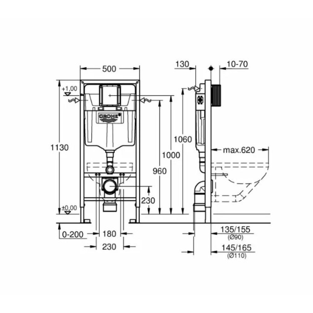 Set vas wc suspendat rimless cu capac Villeroy&Boch, Architectura plus rezervor wc incastrat si clapeta crom Skate Air Grohe [2]