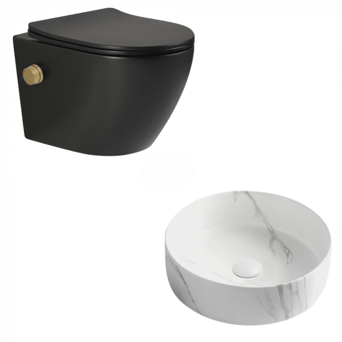 Set vas wc suspendat rimless cu functie bideu, baterie inclusa auriu mat, Foglia Oslo plus lavoar rotund cu efect de marmura