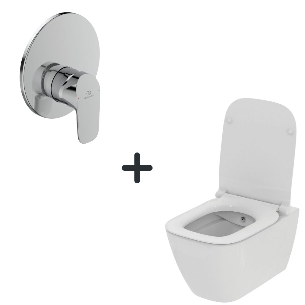 Set vas wc suspendat rimless Ideal Standard i.life B functie bideu si capac plus baterie dus incastrata crom [2]