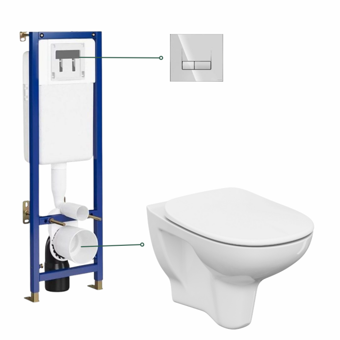 Set vas wc susupendat Luka CleanOn, capac din polipropilena inclus, rezervor incastrat si clapeta cu actionare dubla Tech Line Base Smart crom lucios Cersanit