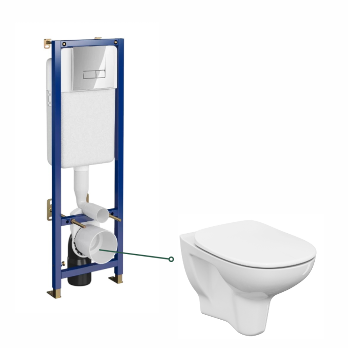 Set vas wc susupendat Luka CleanOn, capac din polipropilena inclus, rezervor incastrat si clapeta cu actionare dubla Tech Line Base Smart crom lucios Cersanit