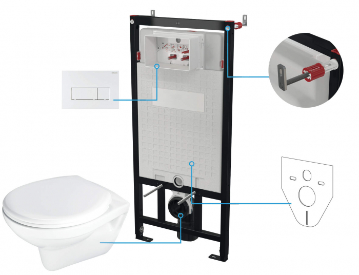 Set wc ingropat, 6 in 1, alb, cadru cu vas wc, capac si buton spalare, Deante Boro