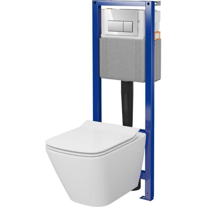 Set WC suspendat Cersanit Mesto Square S701-830, cadru C59 System 40, CleanOn, capac Soft Close si clapeta crom lucios
