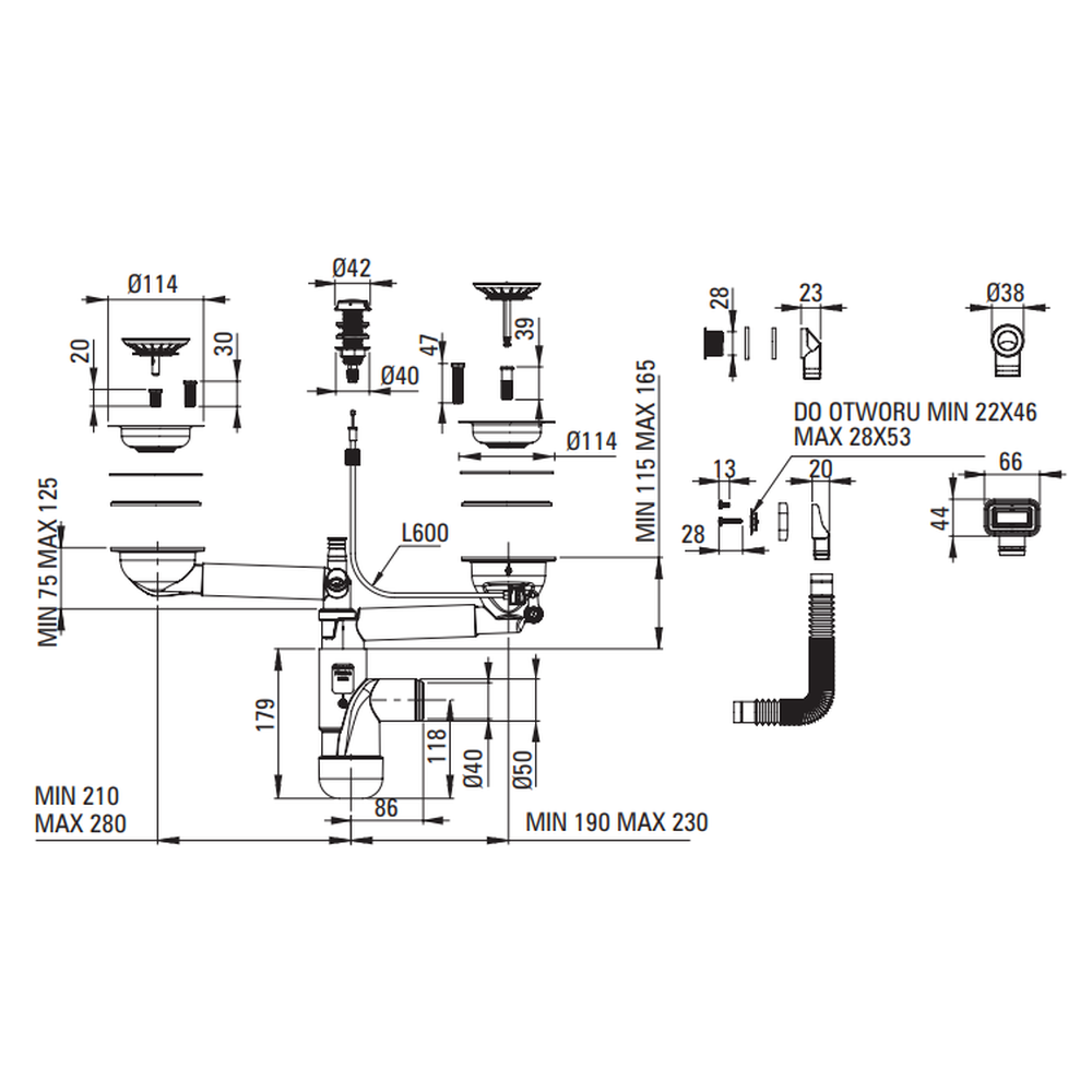 Sifon chiuveta bucatarie doua cuve, cu preaplin si ventil cu dop automat, auriu Deante Space-Saver Lux [2]
