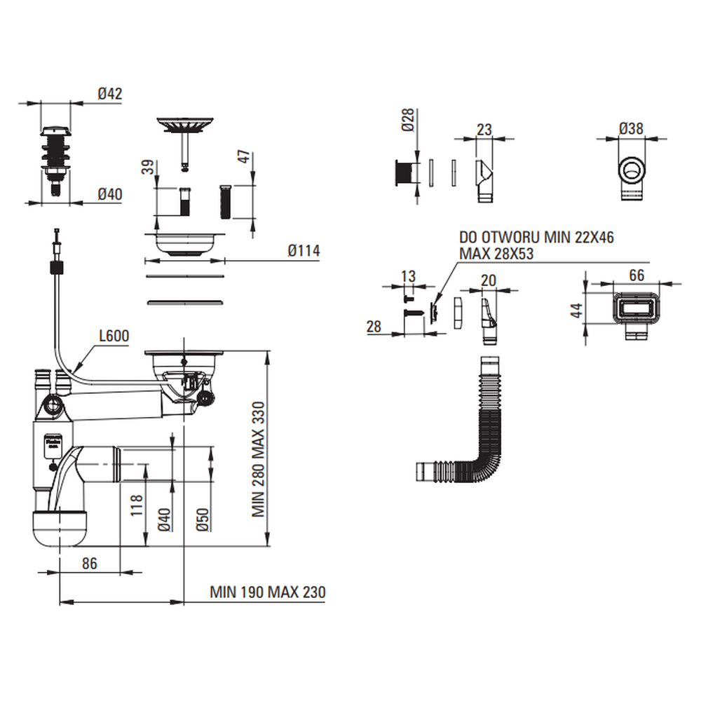 Sifon chiuveta bucatarie cu preaplin si ventil cu dop automat, auriu Deante Space-Saver Lux [2]