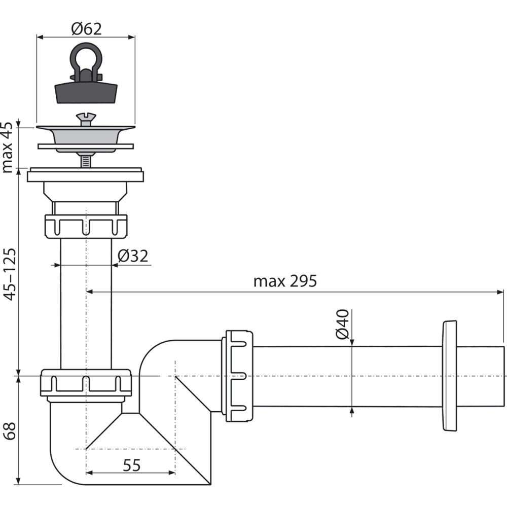 Sifon lavoar Ø32 mm cu sita otel si dop Alcadrain A412-DN40 [2]