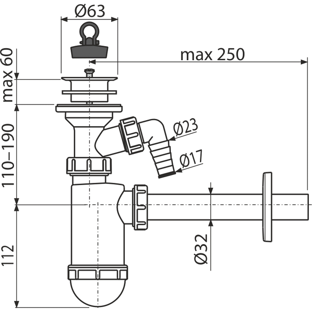 Sifon lavoar Ø32 mm cu ventil, sita plastic, dop si legatura masina de spalat Alcadrain A420P [2]