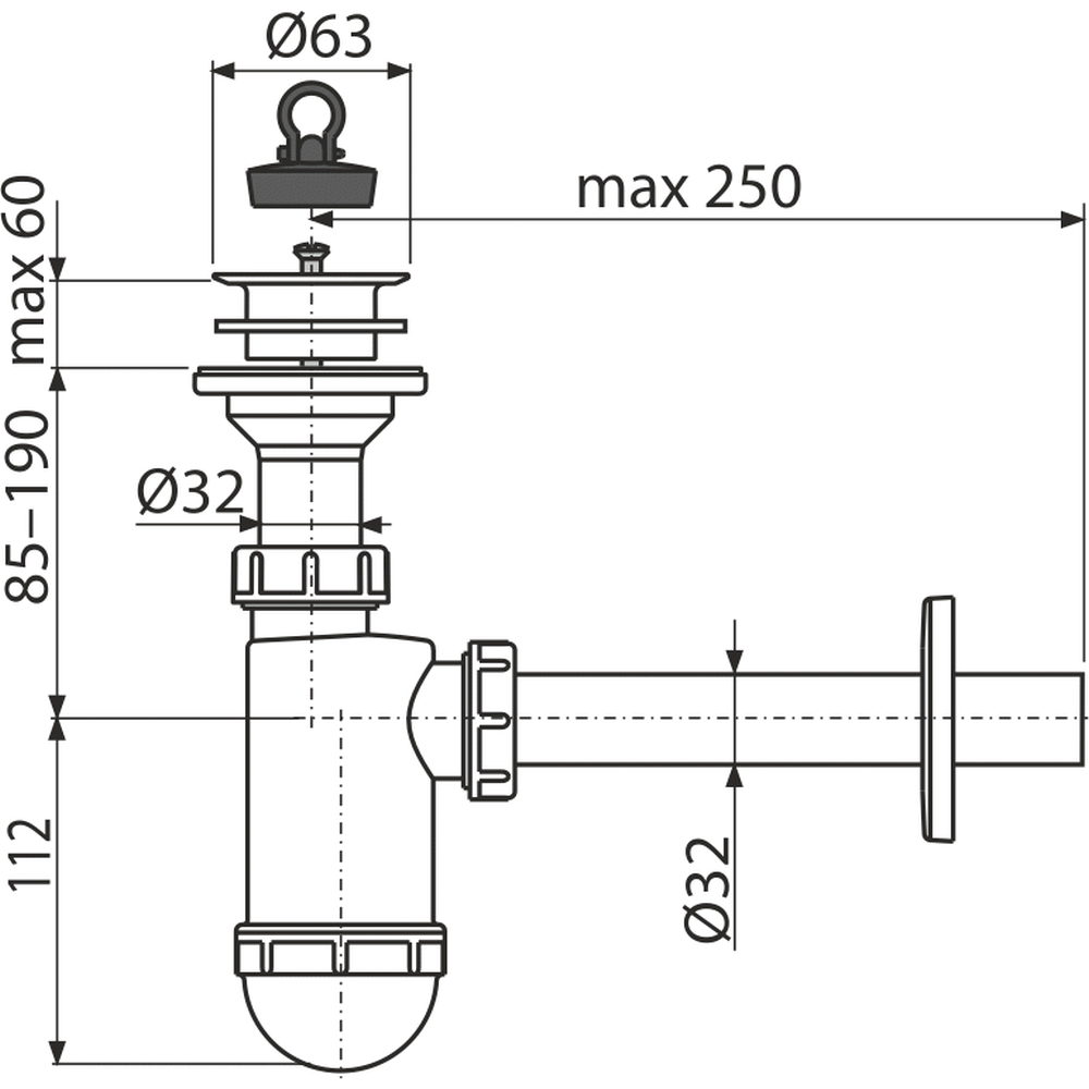 Sifon lavoar Ø32 mm cu ventil, sita plastic si dop Alcadrain A420 [2]