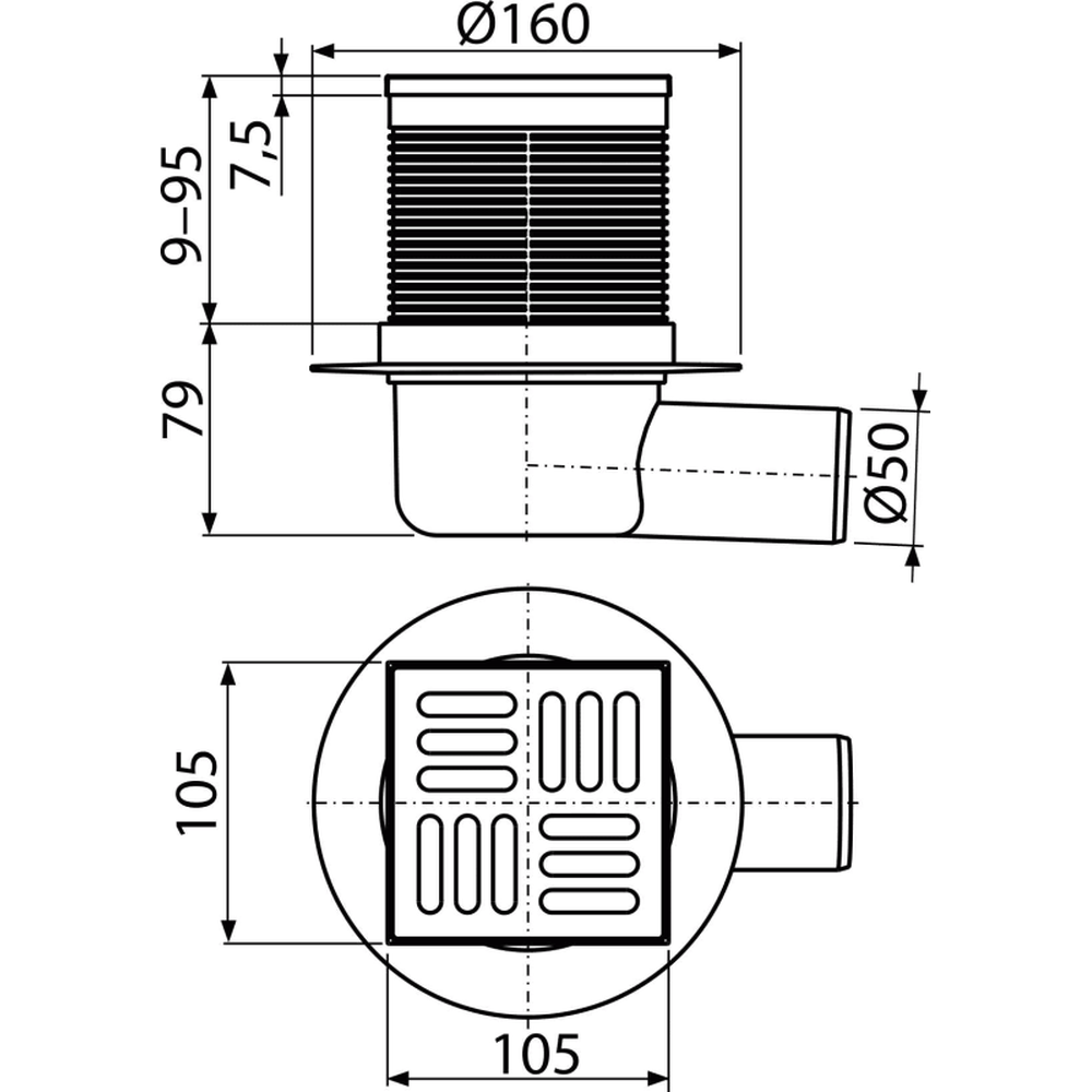 Sifon pardoseala cu gratar otel inoxidabil, 105x105 mm iesire laterala Alcadrain APV1 [2]