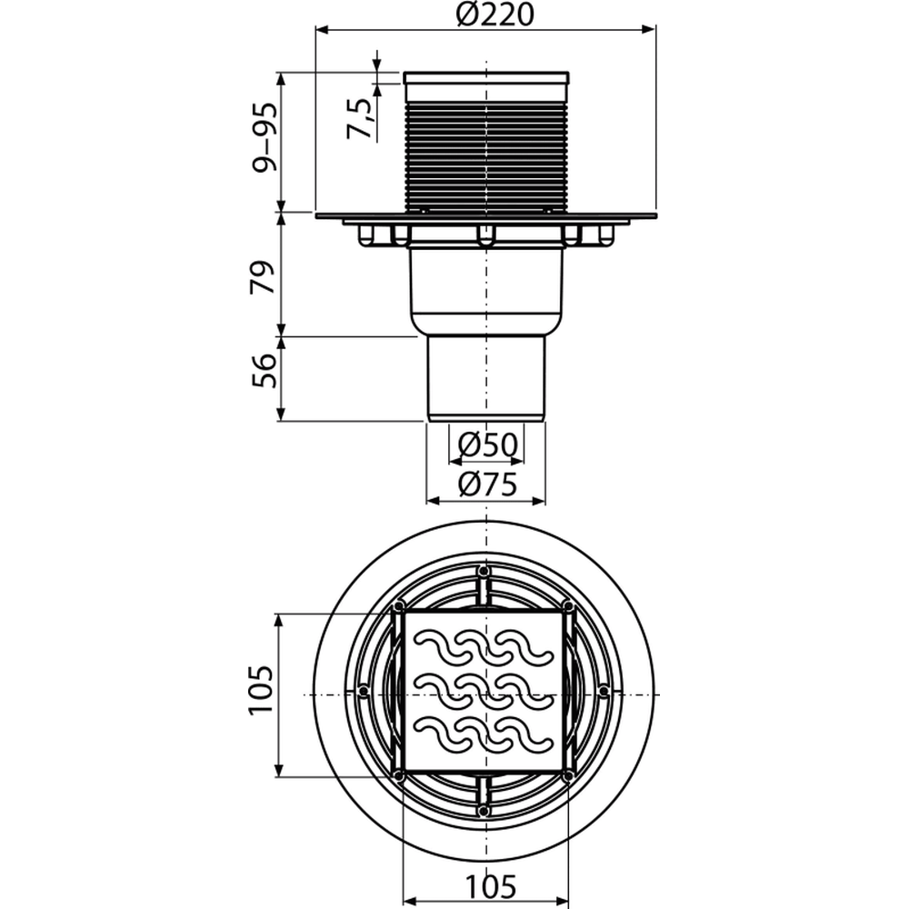 Sifon pardoseala cu gratar otel inoxidabil, 105x105 mm iesire verticala si guler izolatie APV202 [2]