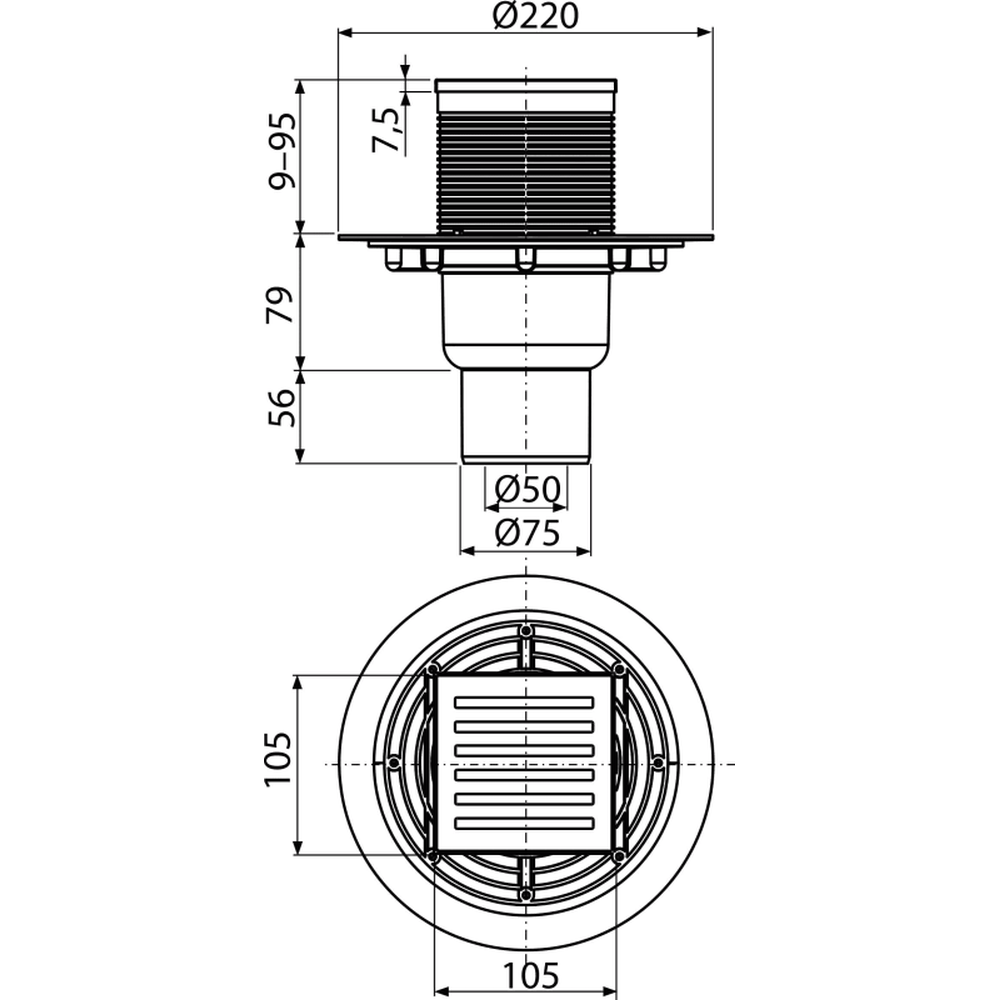 Sifon pardoseala cu gratar otel inoxidabil, 105x105 mm iesire verticala si guler izolatie APV203 [2]