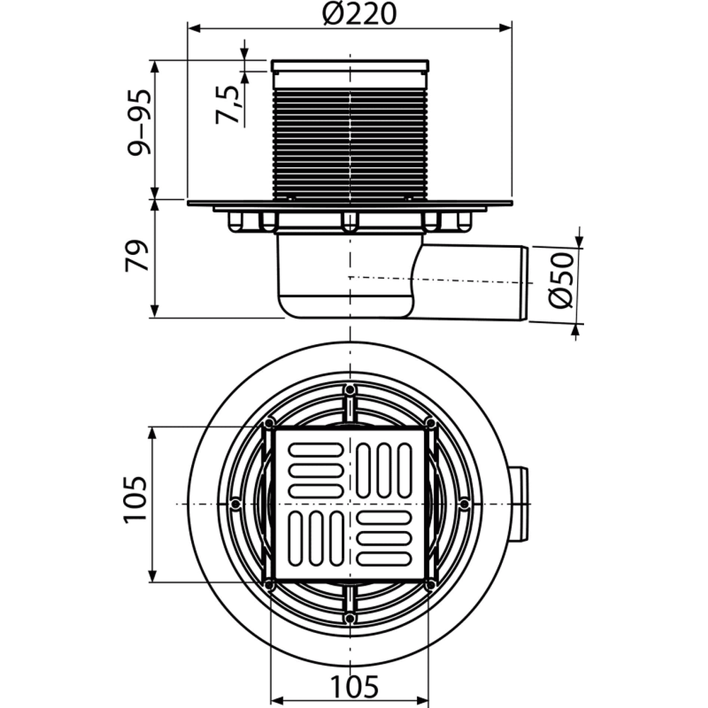 Sifon pardoseala cu gratar otel inoxidabil, 105x105 mm iesire laterala si guler izolatie APV1311 [2]