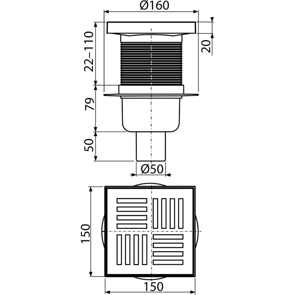 Sifon pardoseala cu gratar plastic gri, 150x150 mm iesire verticala Alcadrain APV6211 [2]