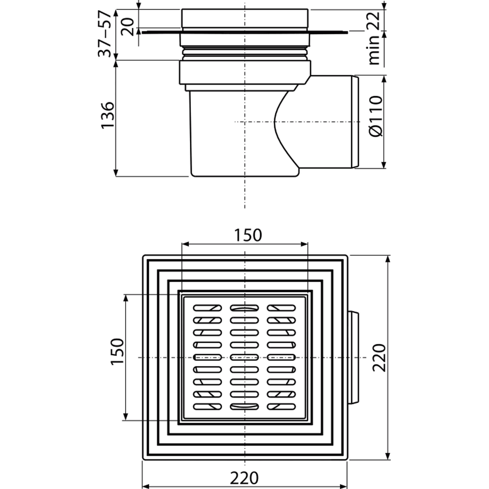 Sifon pardoseala cu gratar plastic gri, 150x150 mm iesire laterala si guler izolatie Alcadrain APV10 [2]