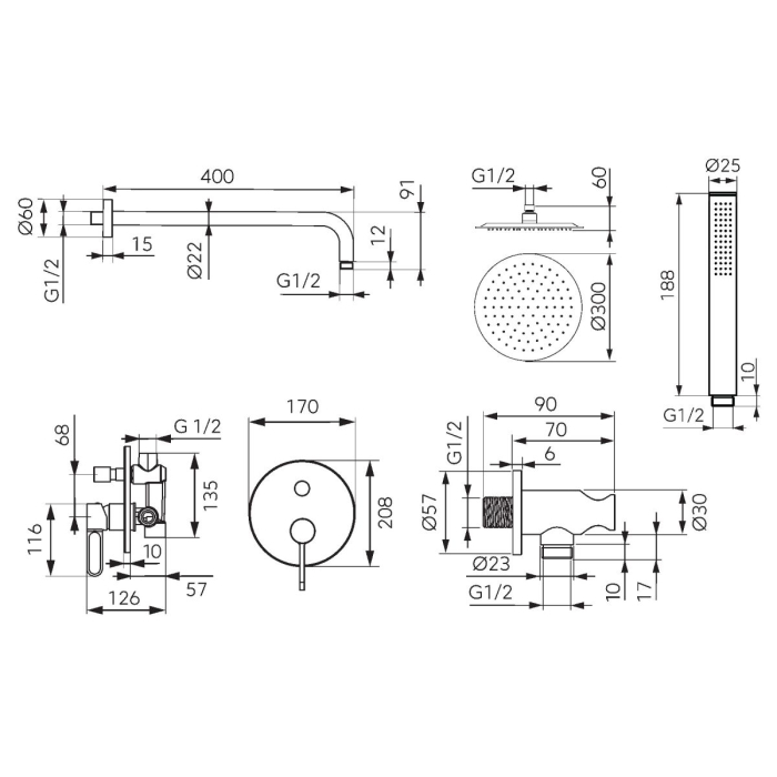 Sistem de dus incastrat, 300 mm, 1 functie, lucios, auriu, FDesign Zaffiro [2]