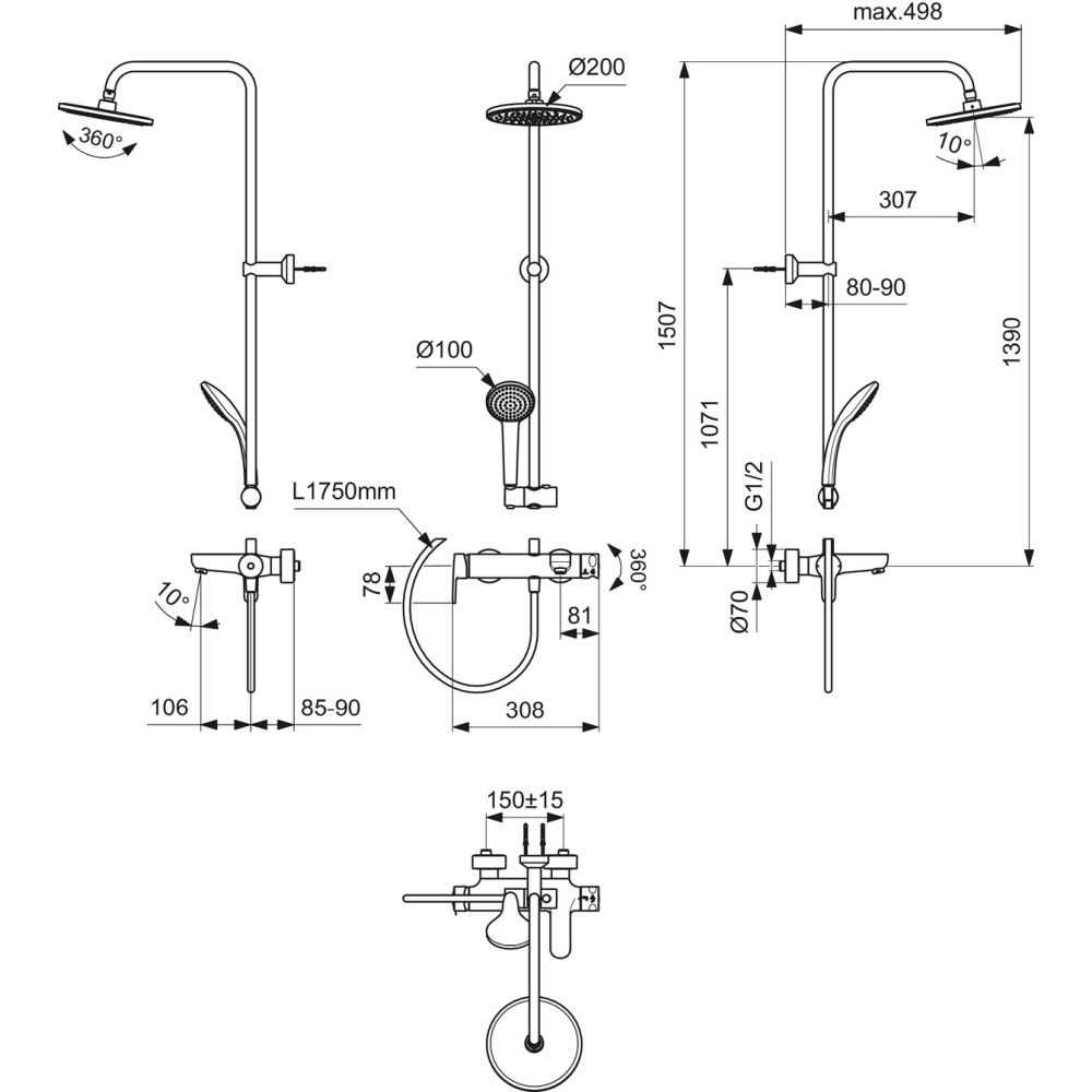 Coloana de dus cu baterie monocomanda si pipa cada Ideal Standard Cerafine O crom lucios [8]
