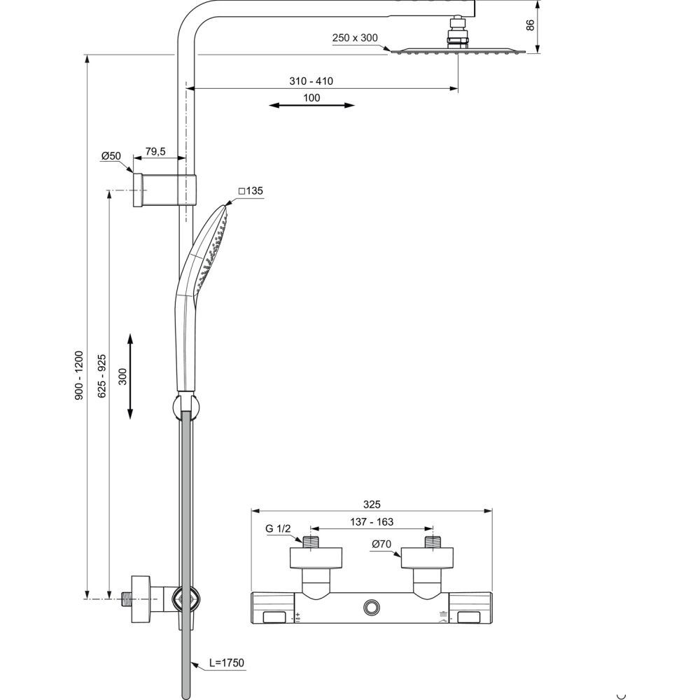 Coloana de dus cu baterie termostatata Ideal Standard Ceratherm T100 crom lucios, palarie dreptunghiulara [7]
