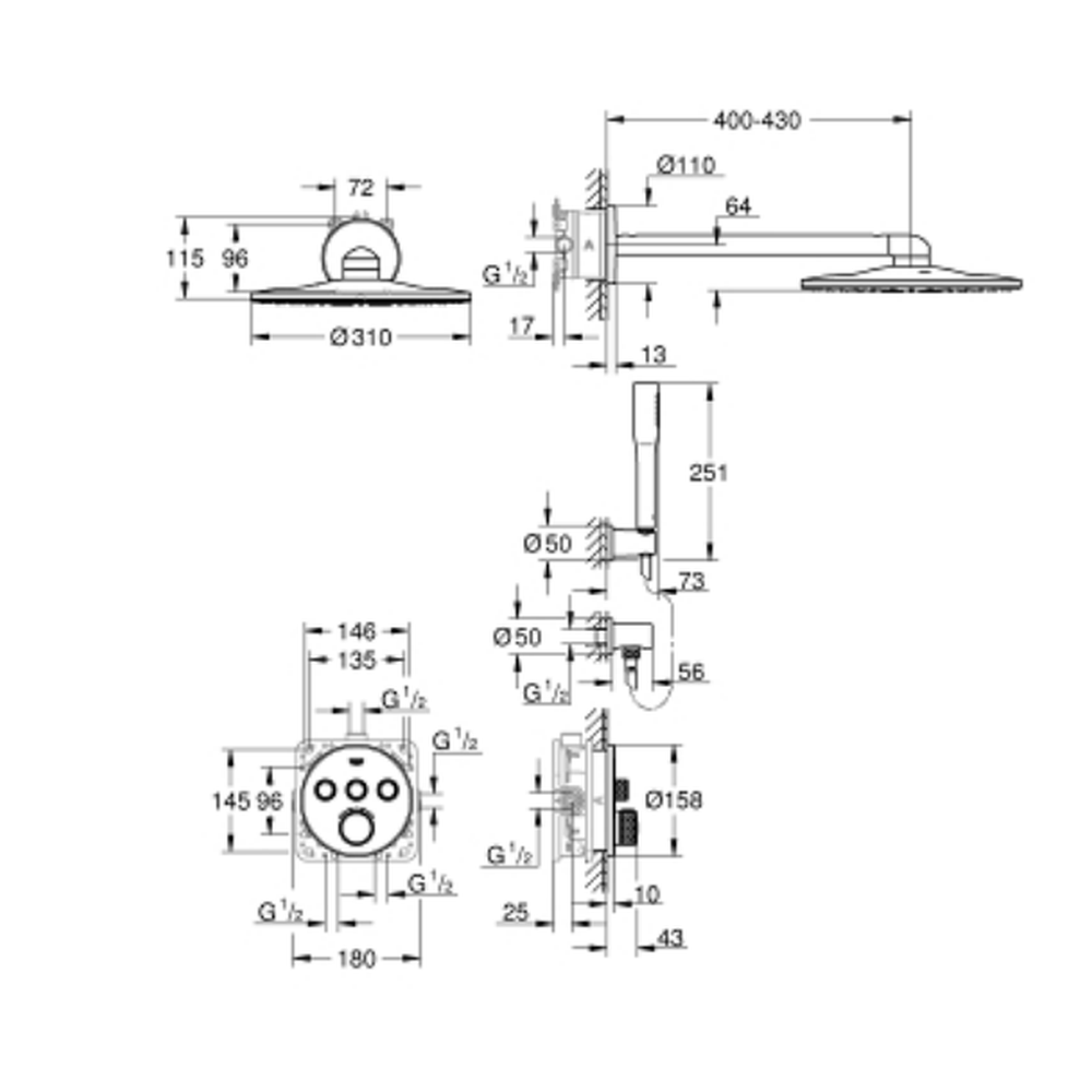 Set de dus incastrat cu baterie termostatata Grohe Grohtherm SmartControl Rainshower SmartActive 310 [2]