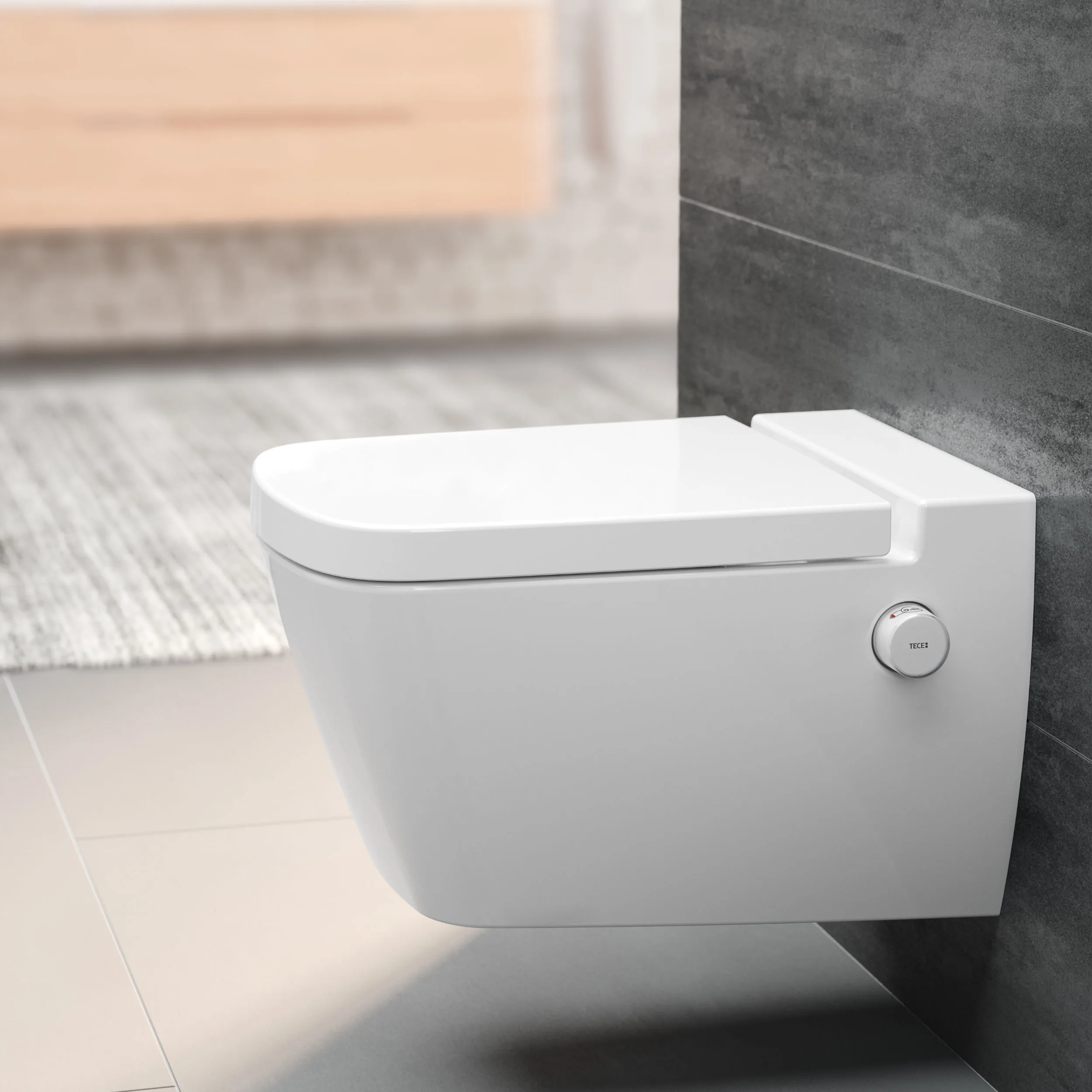 Toaletă suspendată TECEone cu funcție de bideu, apă cada/rece, Rimless, alb si capac inclus [8]