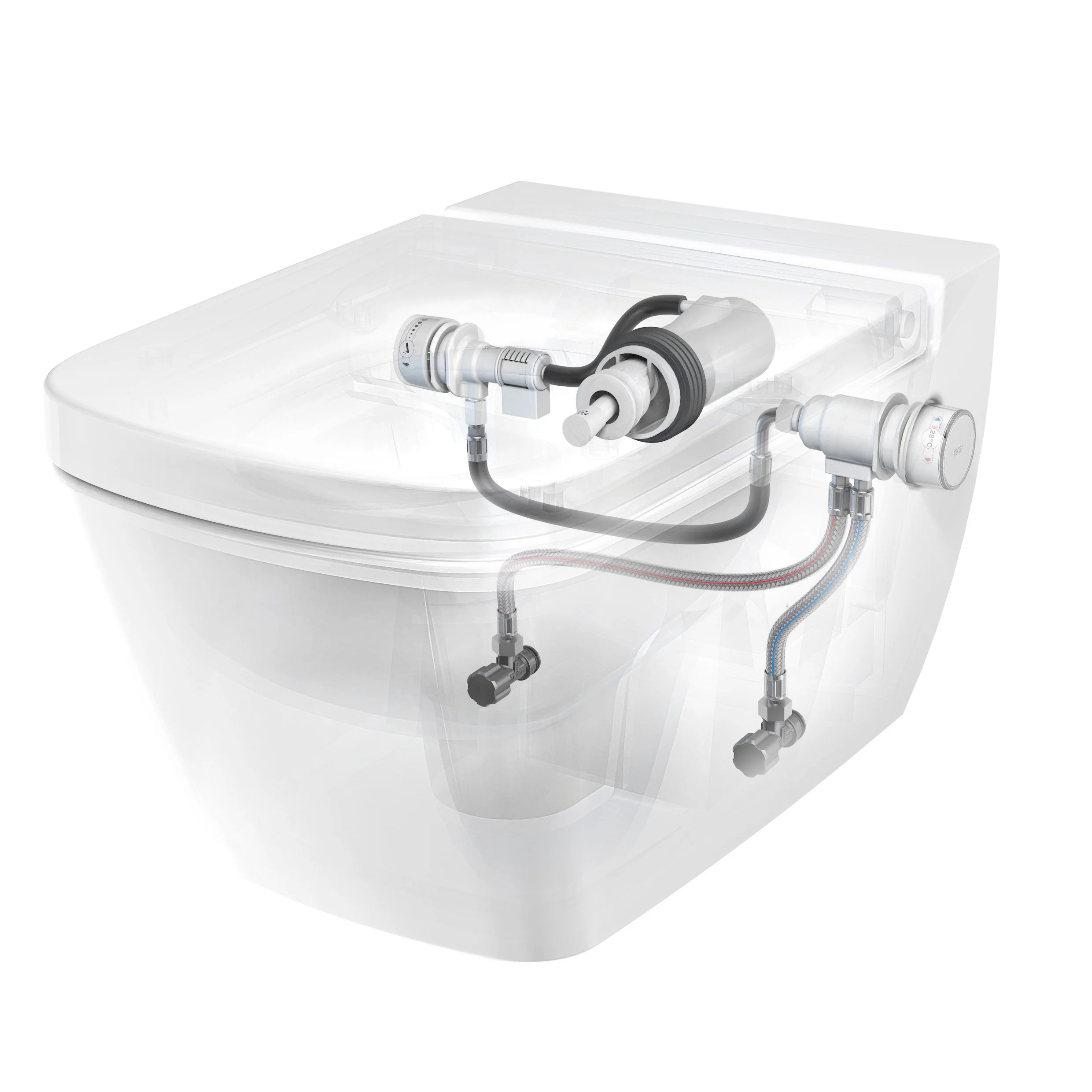 Toaletă suspendată TECEone cu funcție de bideu, apă cada/rece, Rimless, alb si capac inclus [3]