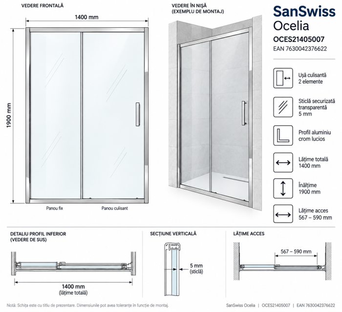 Usa culisanta dus sticla securizata formata din 2 elemente, 140x190 cm, Sanswiss Ocelia [3]