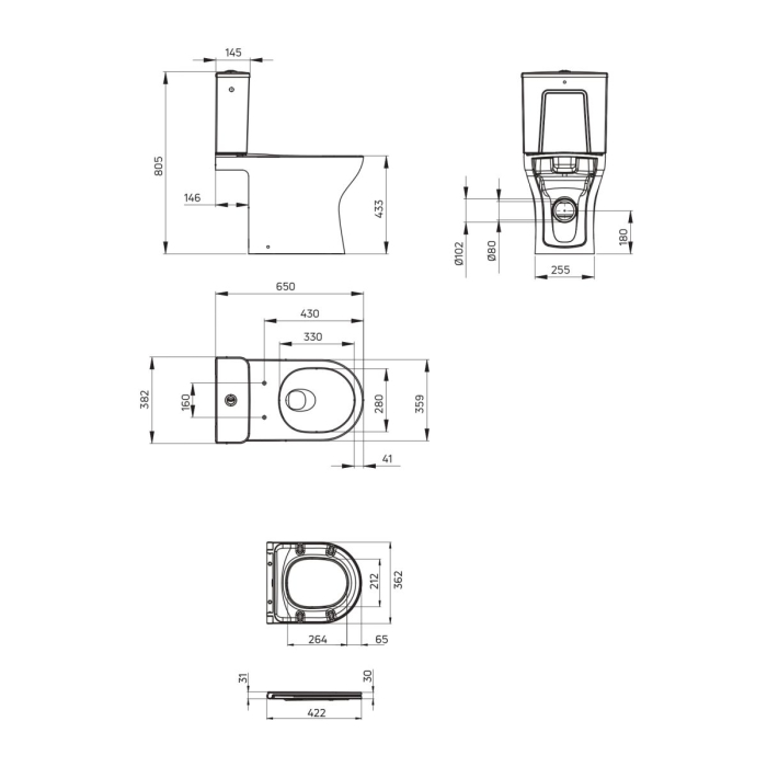 Vas wc compact, alb,  fara bordura, capac cu spăaare turbionara, Deante Jasmin [9]