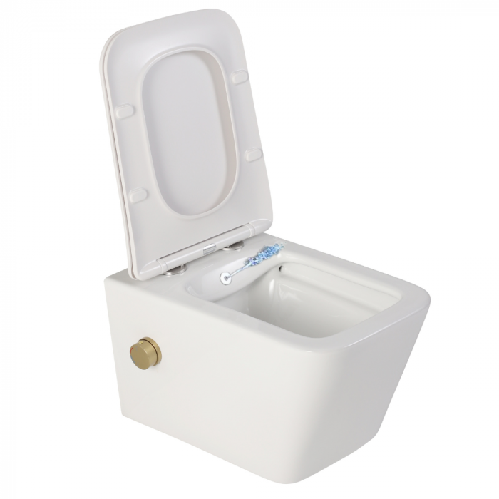 Set vas wc rimless suspendat cu functie de bideu, baterie auriu mat si capac soft close Foglia Safari plus lavoar dreptunghiular cu efect marmura [2]