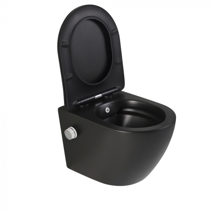Vas wc suspendat cu functie bideu, negru mat, apă calda/rece, spalare rimless, baterie inclusa crom Foglia Oslo [2]