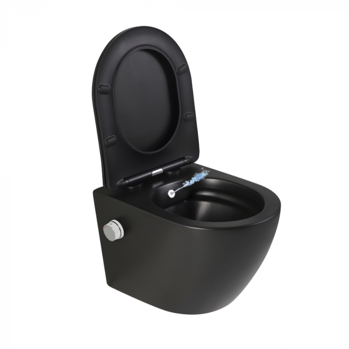Vas wc suspendat cu functie bideu, negru mat, apa calda rece, spalare rimless, baterie inclusa crom Foglia Oslo