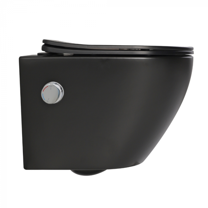 Vas wc suspendat cu functie bideu, negru mat, apă calda/rece, spalare rimless, baterie inclusa crom Foglia Oslo [4]