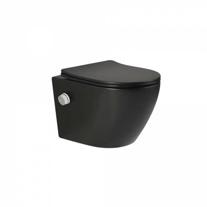 Vas wc suspendat cu functie bideu, negru mat, apă calda/rece, spalare rimless, baterie inclusa crom Foglia Oslo [3]