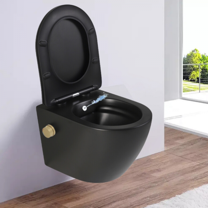 Vas wc suspendat cu functie bideu, negru mat, apă calda/rece, rimless, baterie inclusa auriu mat Foglia Oslo [8]