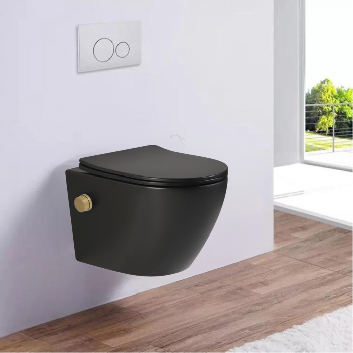 Vas wc suspendat cu functie bideu, negru mat, apă calda/rece, rimless, baterie inclusa auriu mat Foglia Oslo [7]