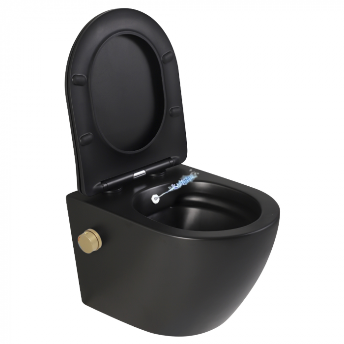 Set vas wc suspendat rimless cu functie bideu, baterie inclusa auriu mat, Foglia Oslo plus lavoar rotund cu efect de marmura [2]