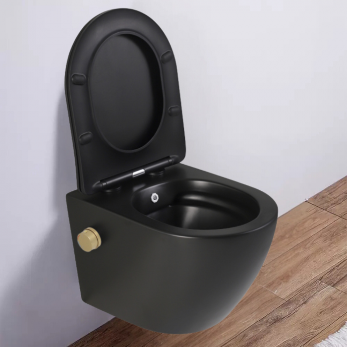 Vas wc suspendat cu functie bideu, negru mat, apă calda/rece, rimless, baterie inclusa auriu mat Foglia Oslo [9]