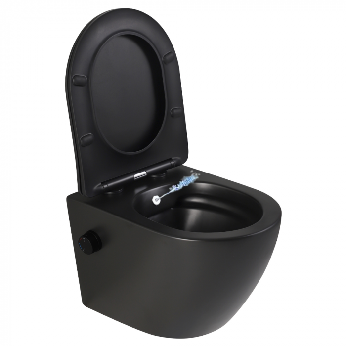 Set vas wc suspendat rimless cu functie de bideu, baterie inclusa, Foglia Oslo plus lavoar dreptunghiular negru mat [2]