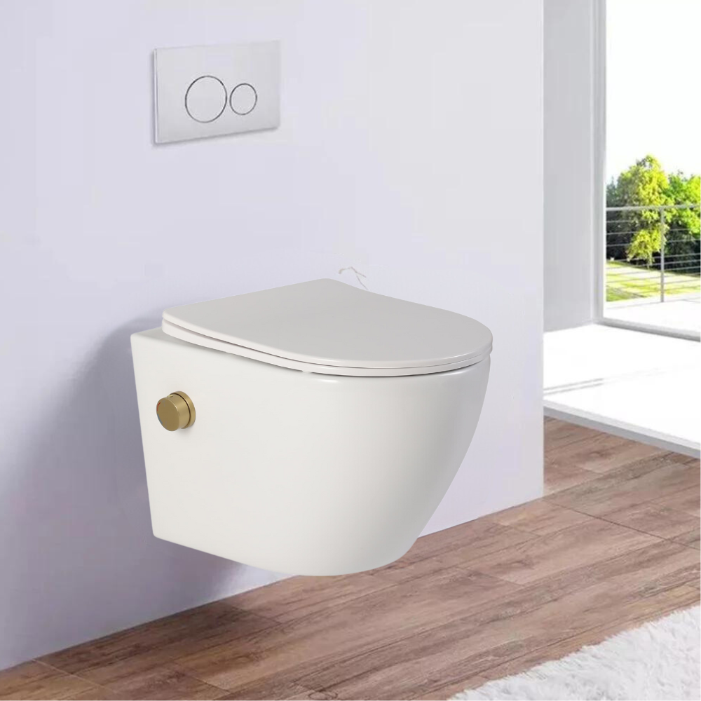 Vas wc suspendat cu functie bideu, semirotund, rimless, apă calda/rece, capac soft close, baterie auriu mat Foglia Oslo [7]