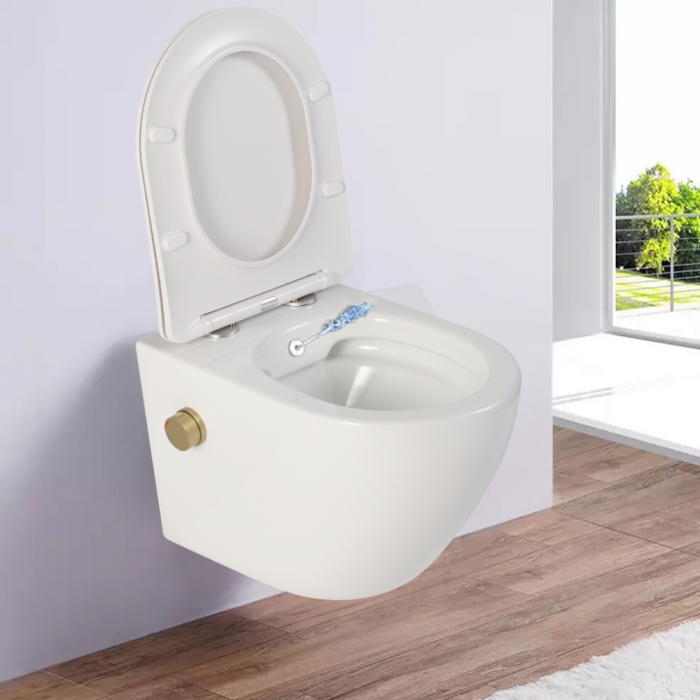 Vas wc suspendat cu functie bideu, semirotund, rimless, apă calda/rece, capac soft close, baterie auriu mat Foglia Oslo [8]