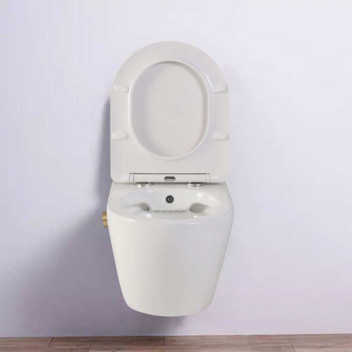 Vas wc suspendat cu functie bideu, semirotund, rimless, apă calda/rece, capac soft close, baterie auriu mat Foglia Oslo [10]
