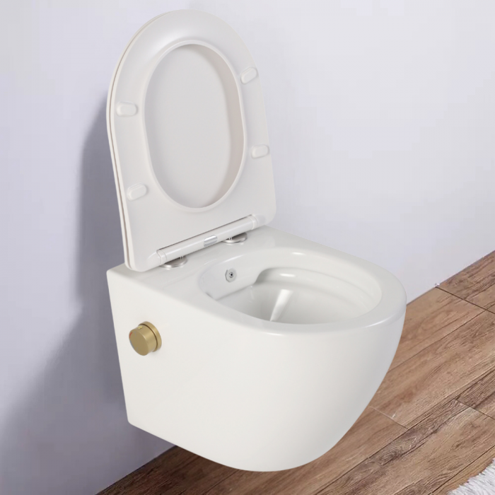 Vas wc suspendat cu functie bideu, semirotund, rimless, apă calda/rece, capac soft close, baterie auriu mat Foglia Oslo [9]