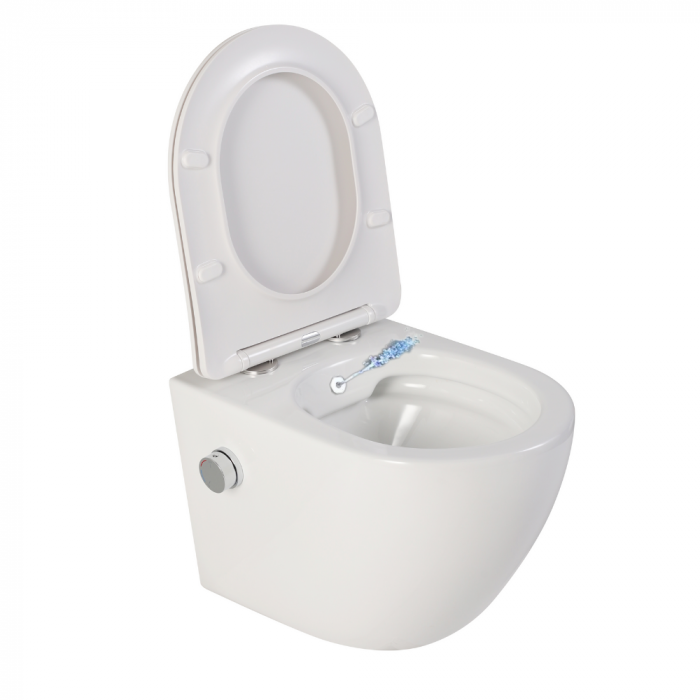 Set vas wc alb suspendat rimless cu functie de bideu, baterie crom inclusa si capac soft close, Foglia Oslo, plus lavoar rotund cu riflaje 3D [2]